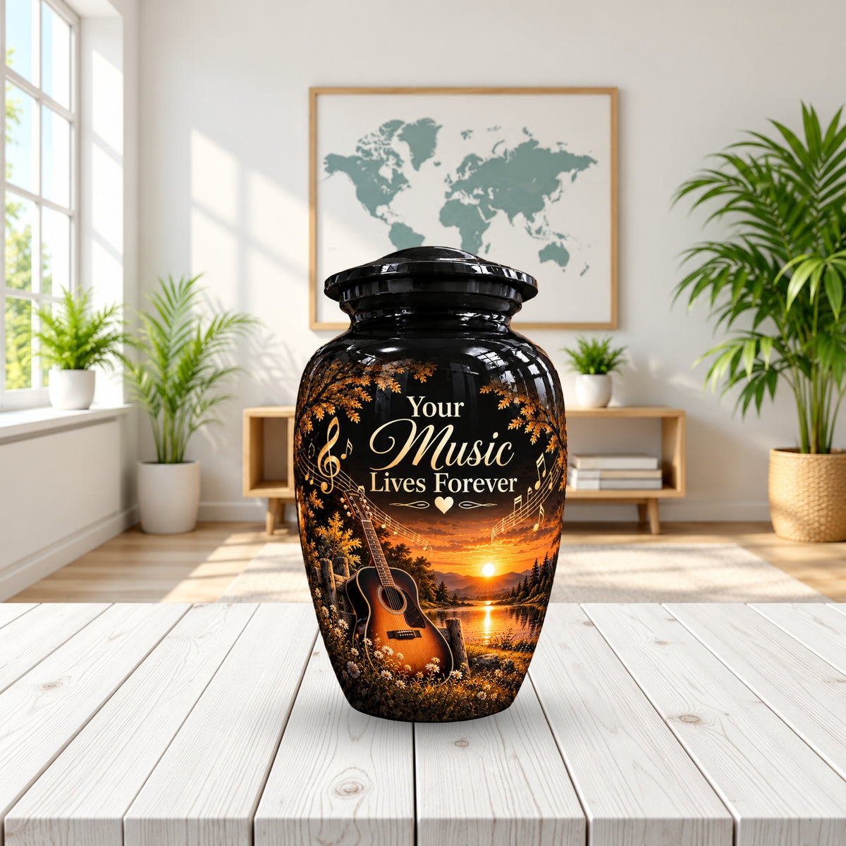 acoustic guitar sunset cremation urn for human ashes, handmade aluminum – photo 2
