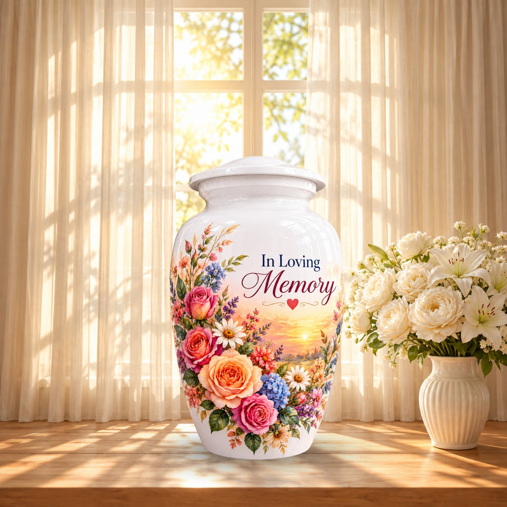 Rose and Wildflower Memorial Cremation Urn for Human Ashes – Personalized Handmade Aluminum Urn