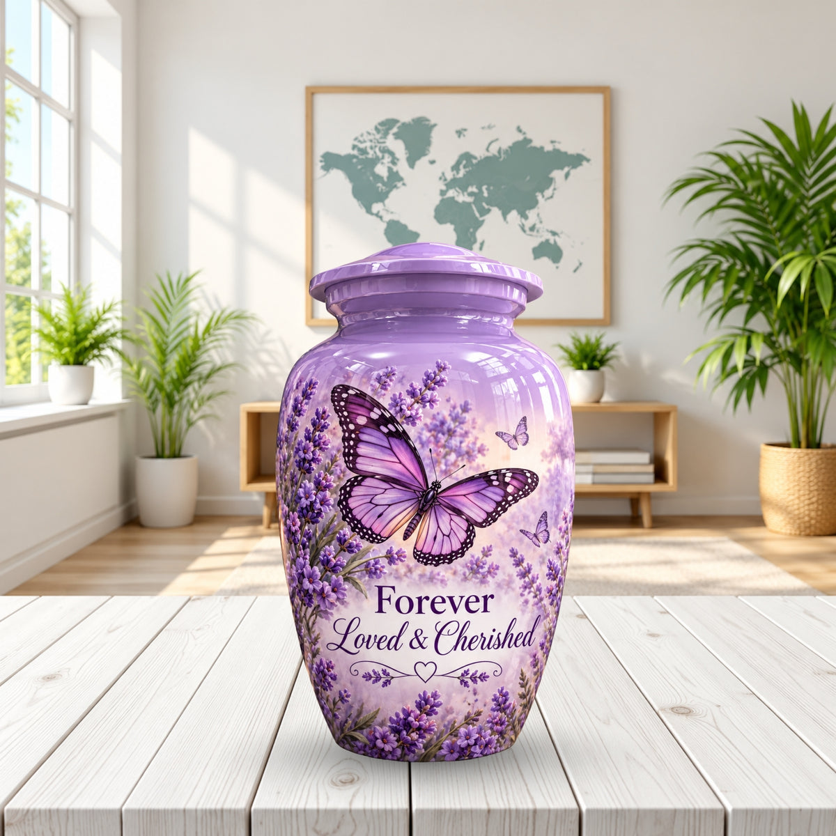 purple butterfly lavender garden cremation urn for human ashes, handmade aluminum – photo 2