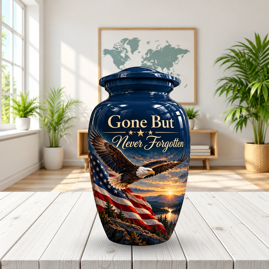 patriotic eagle memorial cremation urn for human ashes, handmade aluminum – photo 2