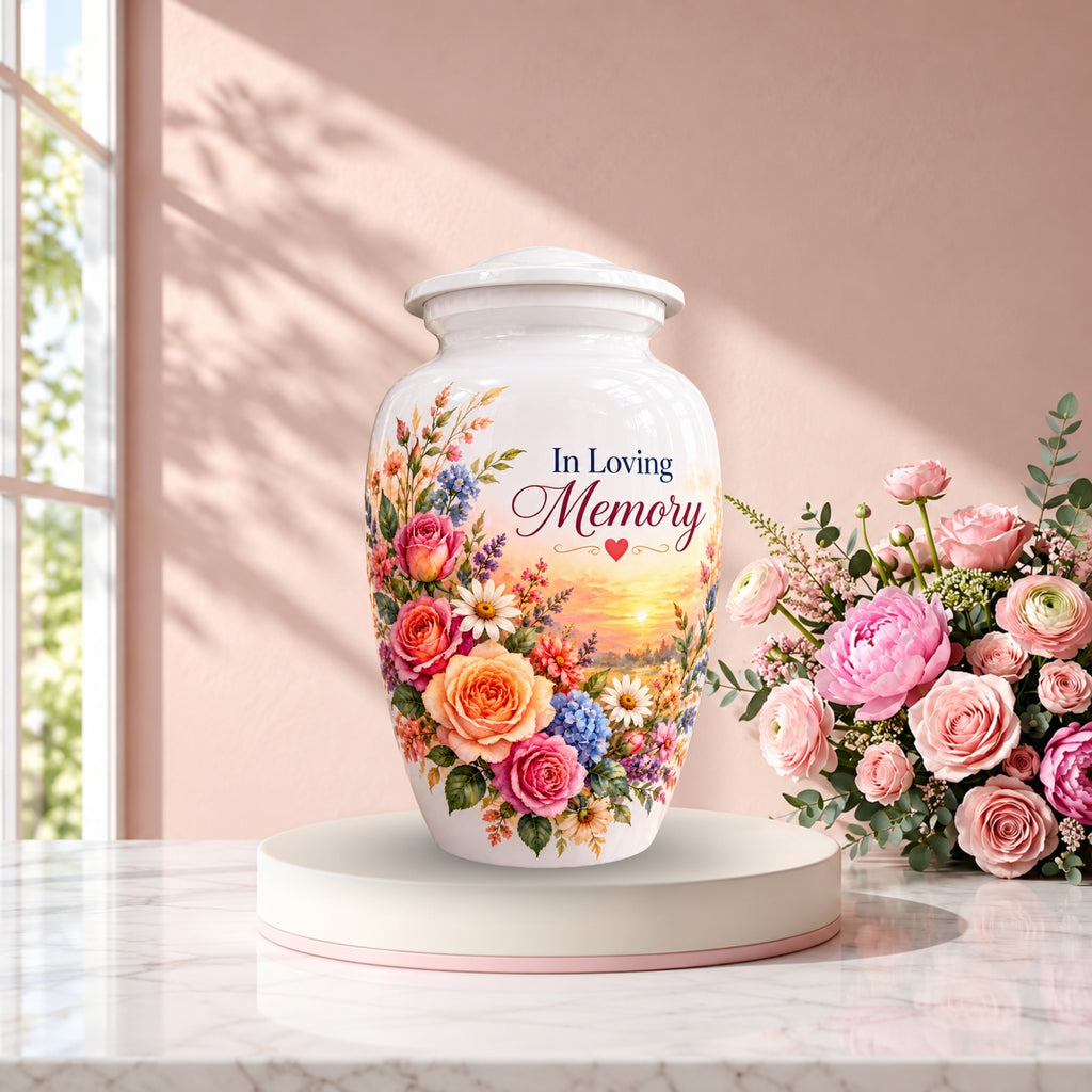 Rose and Wildflower Memorial Cremation Urn for Human Ashes – Personalized Handmade Aluminum Urn
