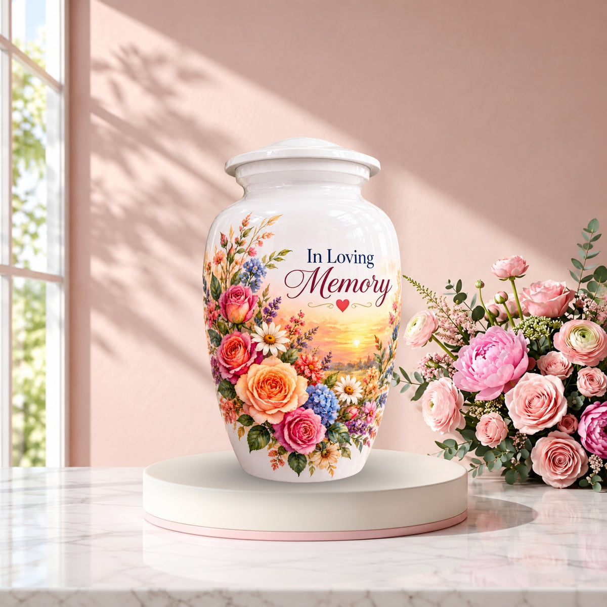Rose and Wildflower Memorial Cremation Urn for Human Ashes – Personalized Handmade Aluminum Urn