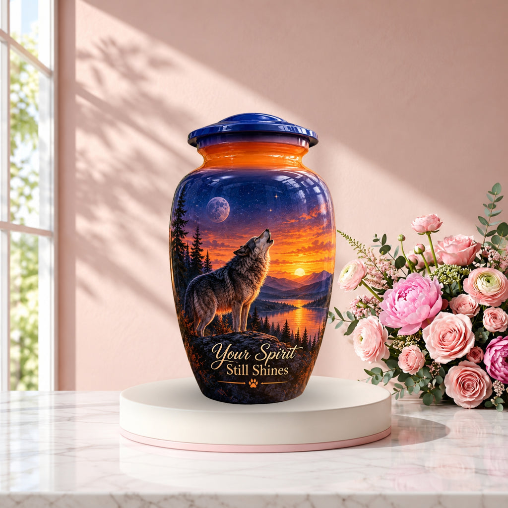 Howling Wolf Moon and Sunset Cremation Urn for Human Ashes – Personalized Handmade Aluminum Urn