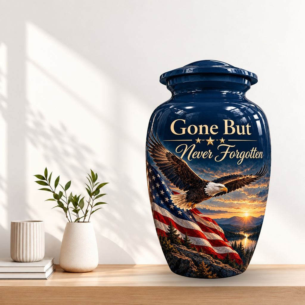 patriotic eagle memorial cremation urn for human ashes, handmade aluminum – photo 3