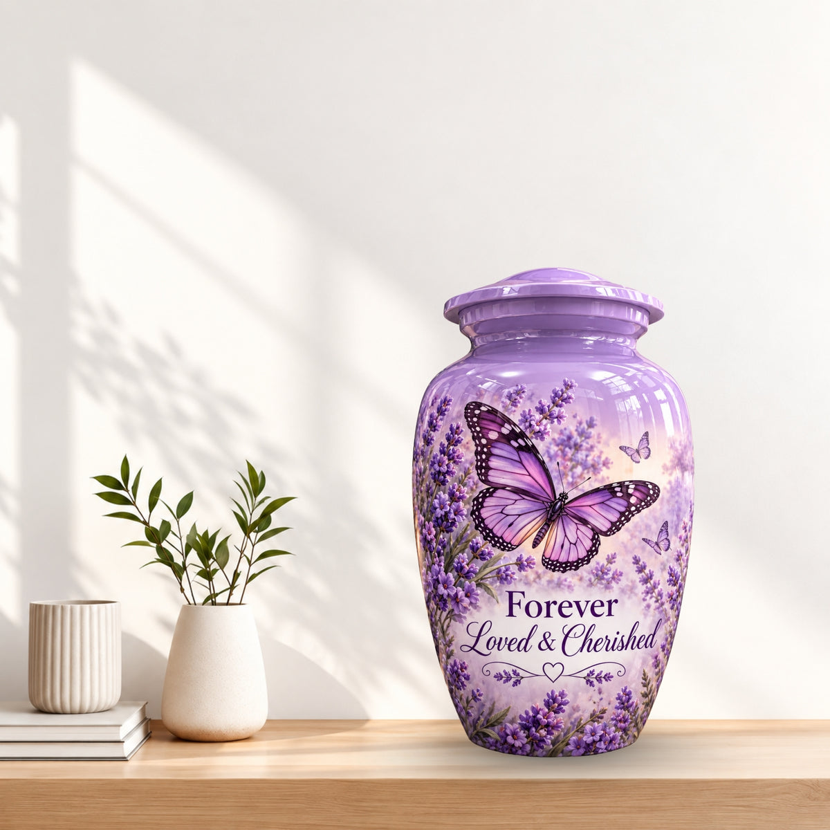 purple butterfly lavender garden cremation urn for human ashes, handmade aluminum – photo 3