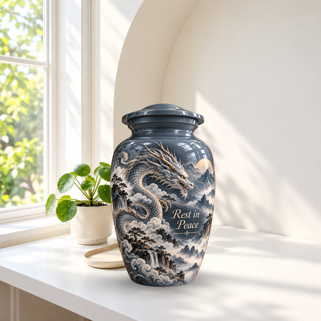 mythical dragon cremation urn with keepsakes, handmade aluminum urn – photo 3