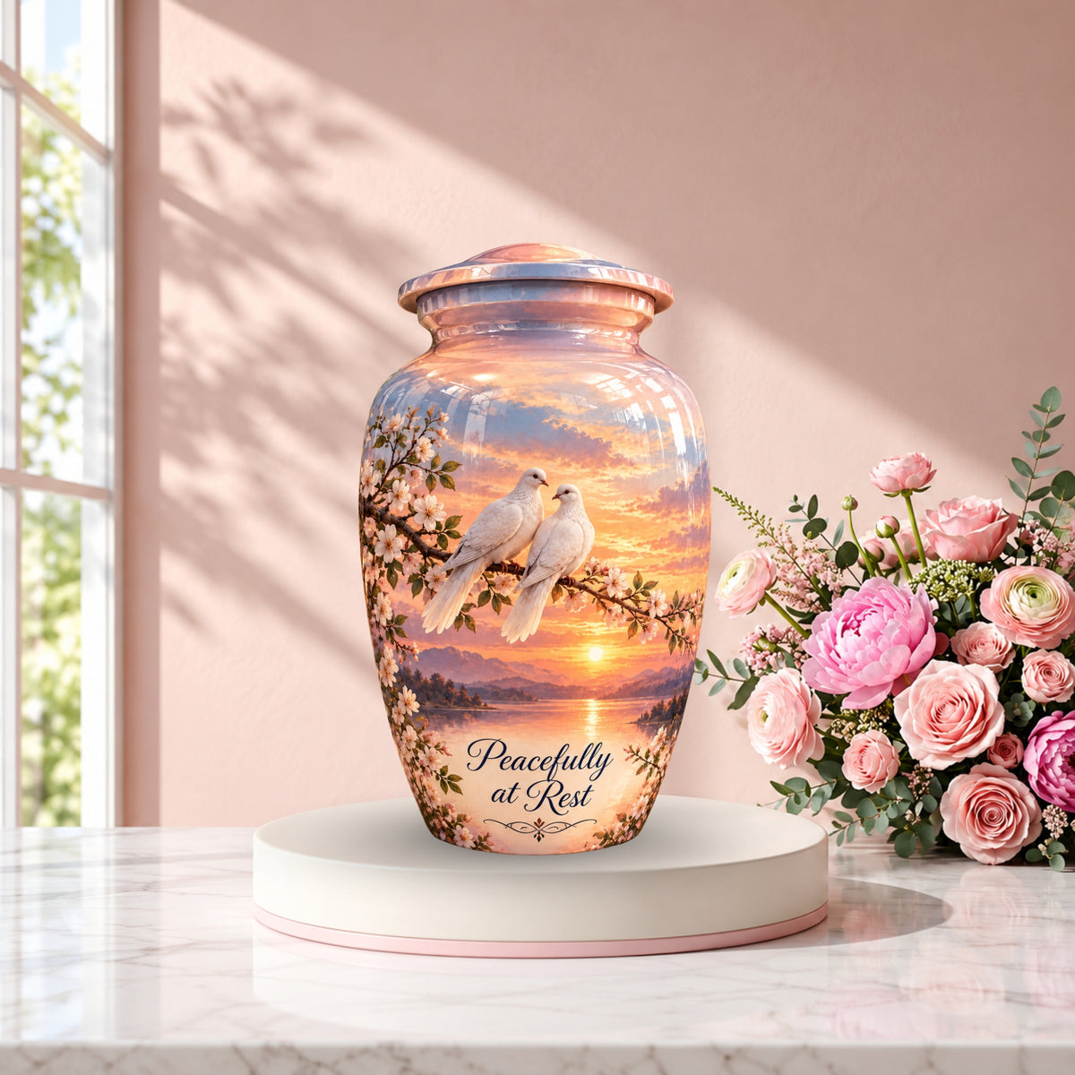 Two Doves on Blossom Branch Cremation Urn for Human Ashes – Personalized Handmade Aluminum Urn
