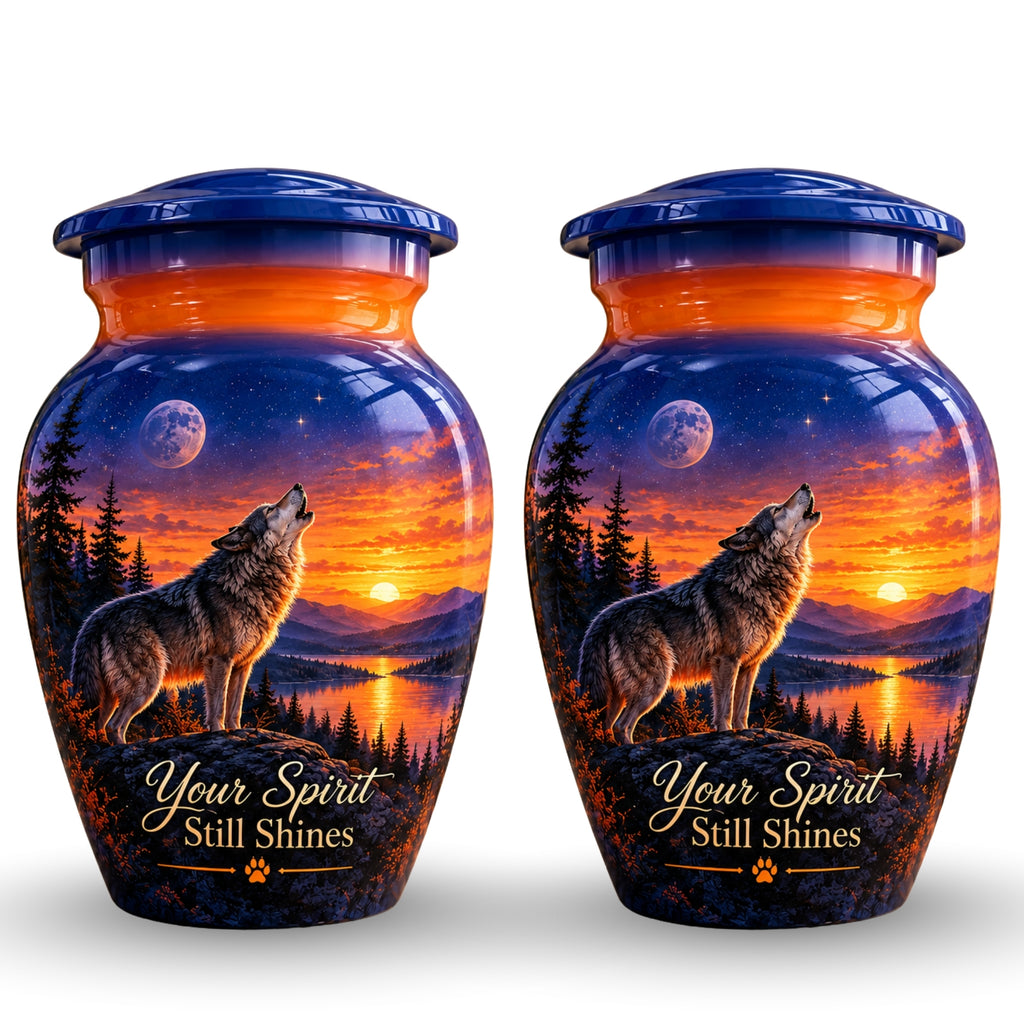 Howling Wolf Moon and Sunset Cremation Urn for Human Ashes – Personalized Handmade Aluminum Urn