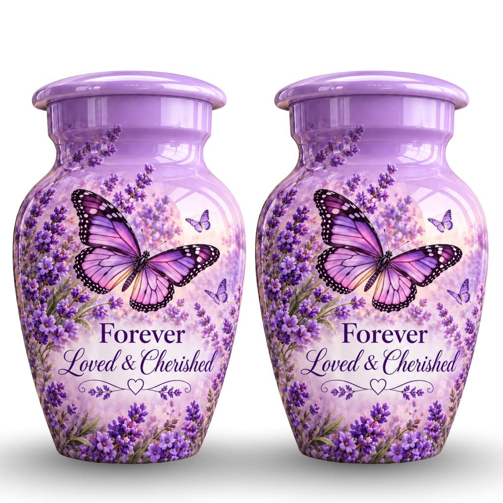 purple butterfly lavender garden cremation urn for human ashes, handmade aluminum – photo 5