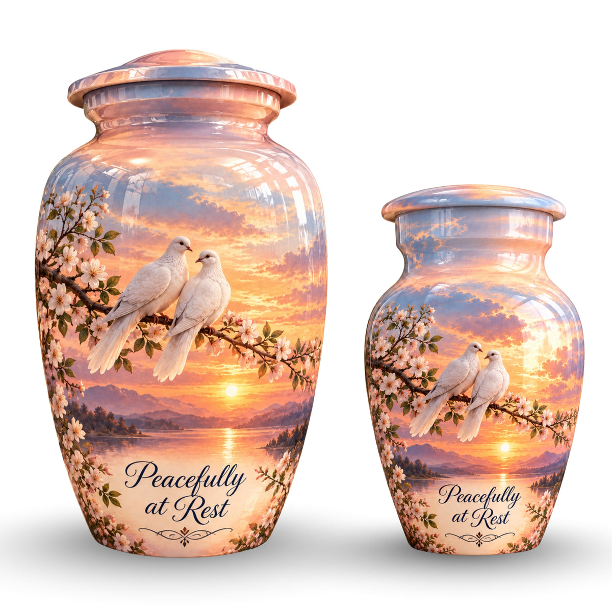 Two Doves on Blossom Branch Cremation Urn for Human Ashes – Personalized Handmade Aluminum Urn