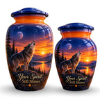 Howling Wolf Moon and Sunset Cremation Urn for Human Ashes – Personalized Handmade Aluminum Urn