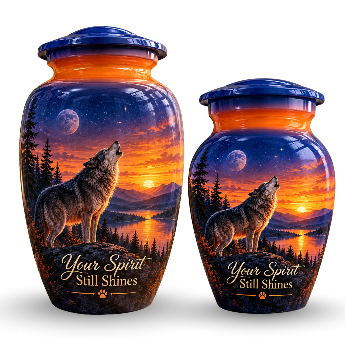 Howling Wolf Moon and Sunset Cremation Urn for Human Ashes – Personalized Handmade Aluminum Urn