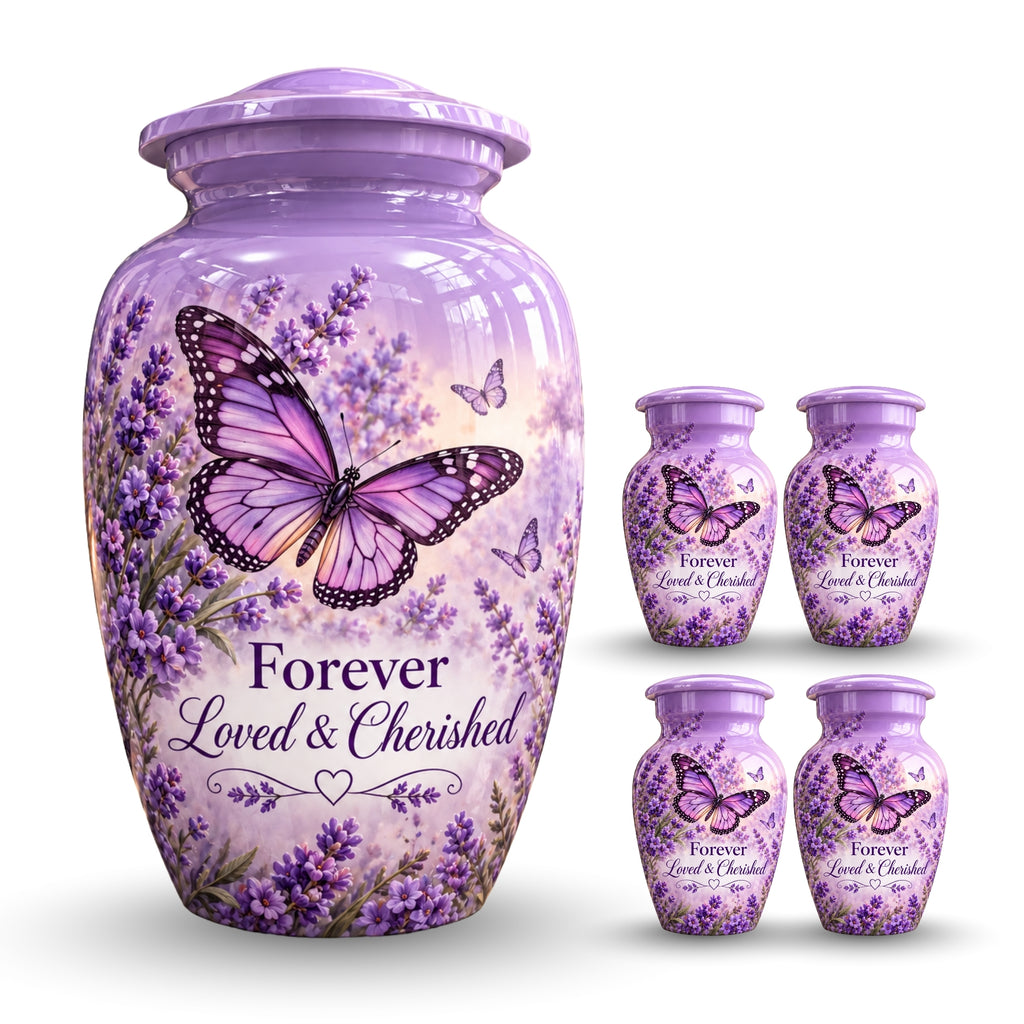 purple butterfly lavender garden cremation urn for human ashes, handmade aluminum – photo 8