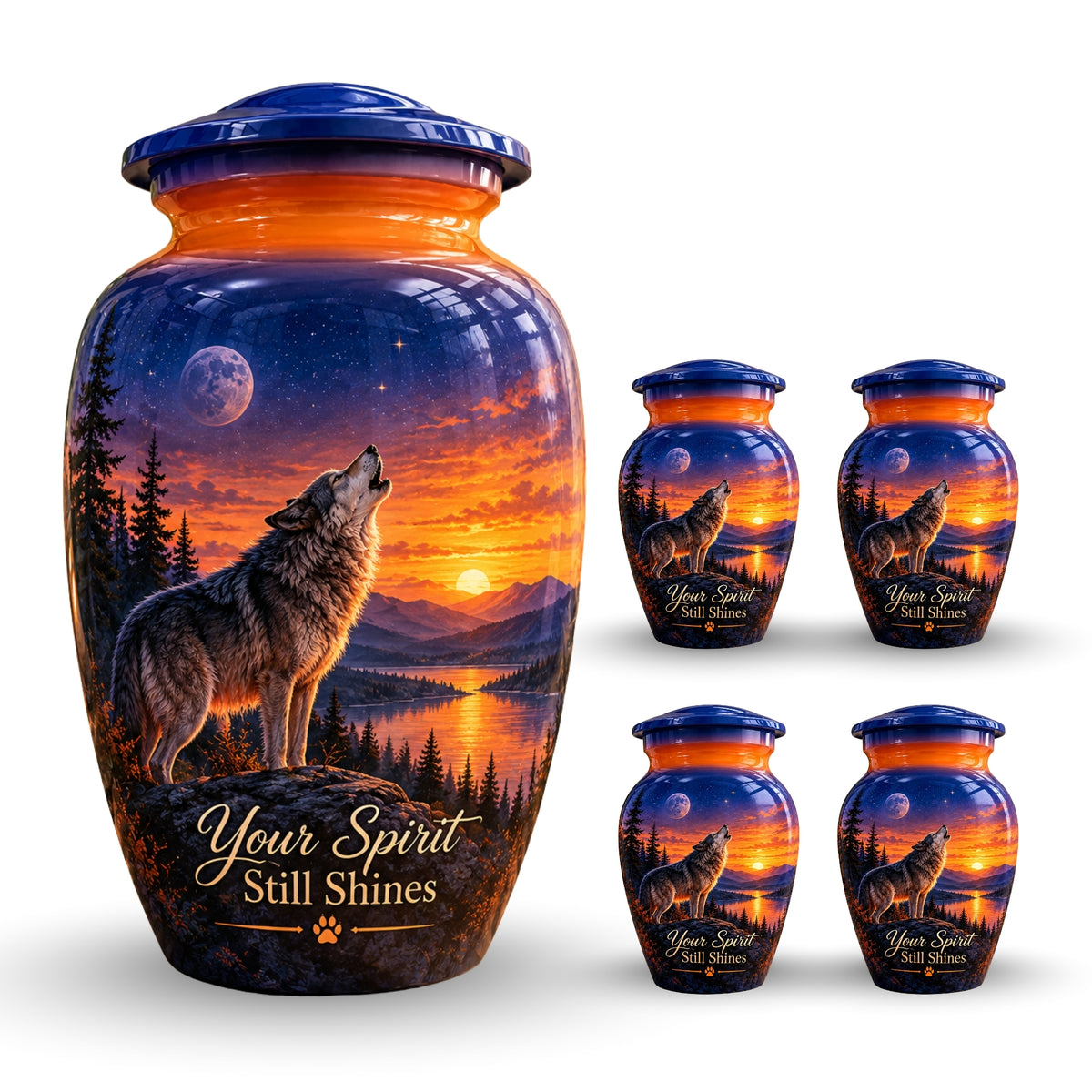 Howling Wolf Moon and Sunset Cremation Urn for Human Ashes – Personalized Handmade Aluminum Urn