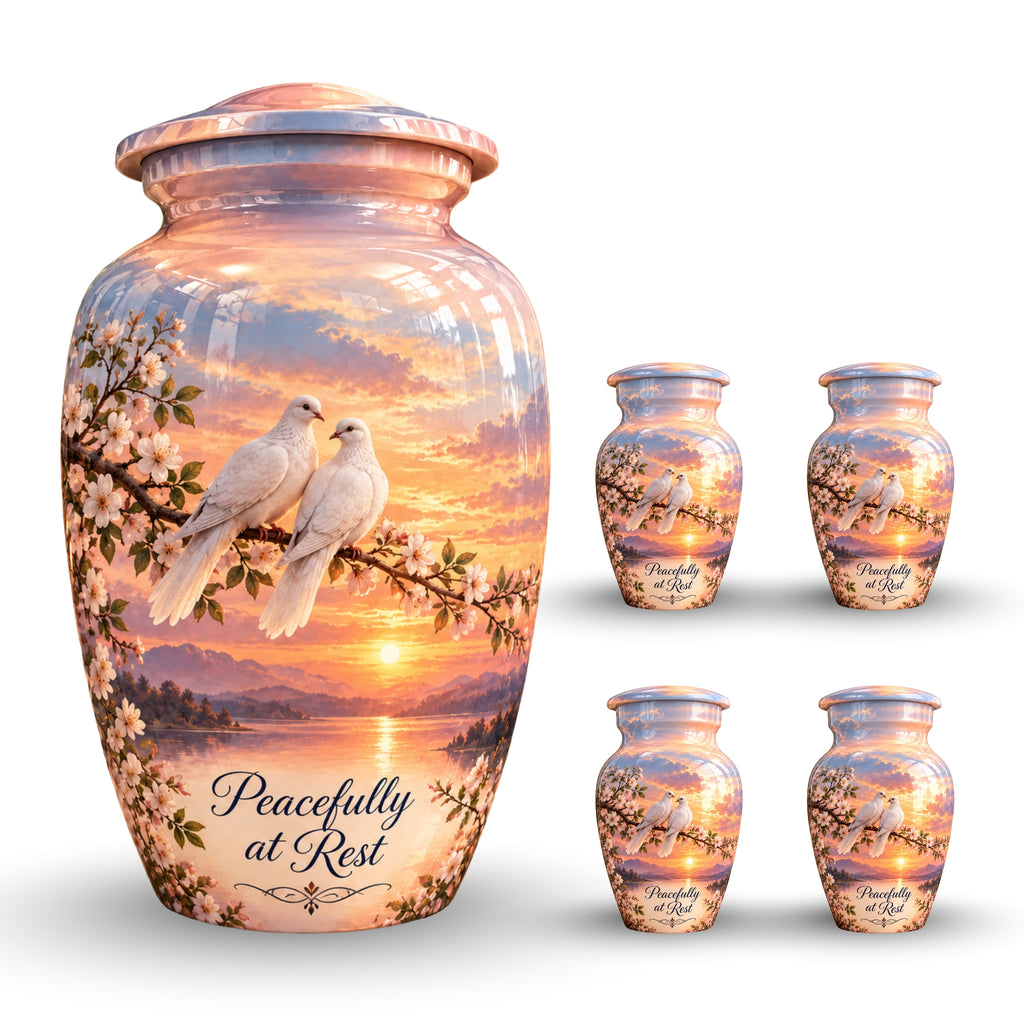 Two Doves on Blossom Branch Cremation Urn for Human Ashes – Personalized Handmade Aluminum Urn