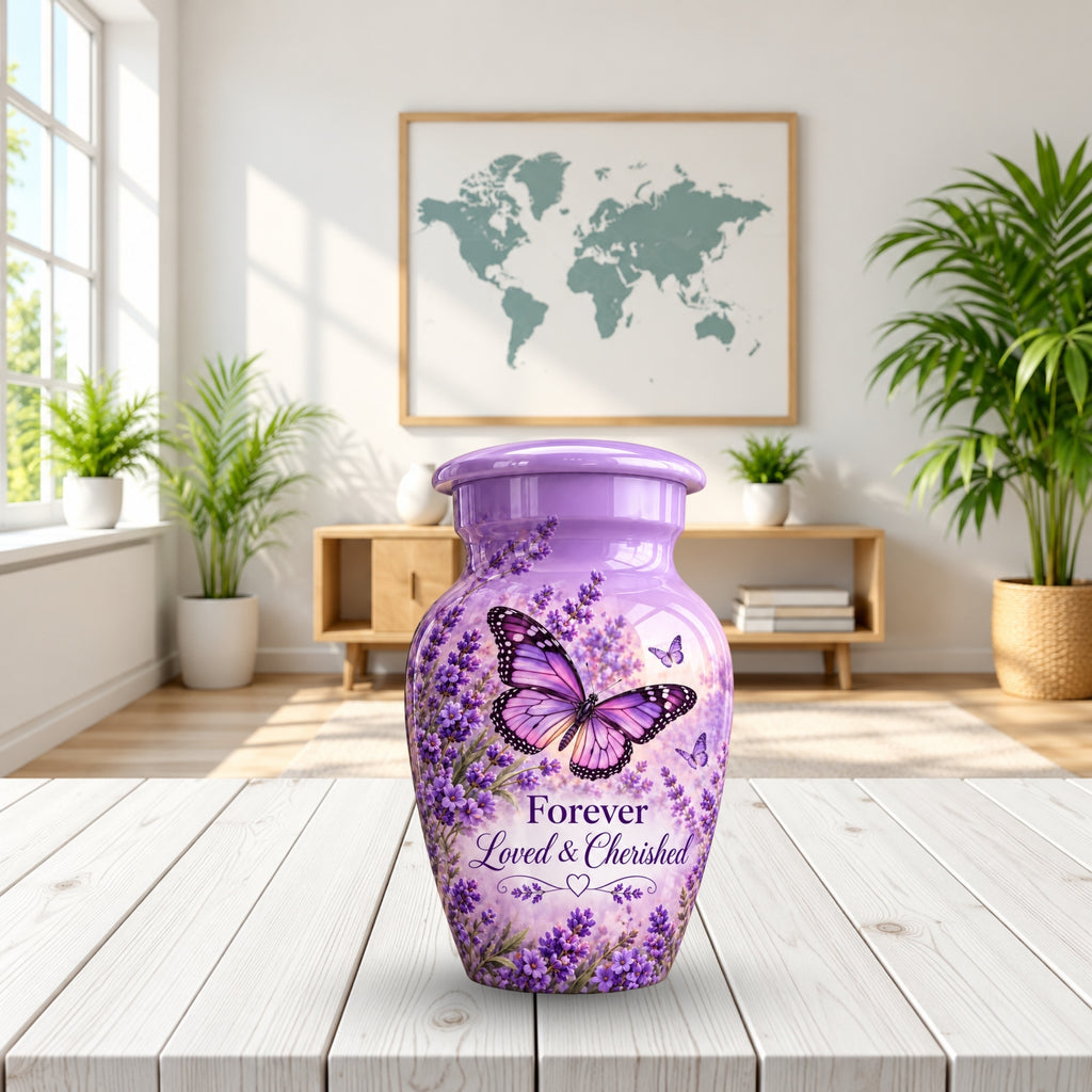 purple butterfly lavender garden cremation urn for human ashes, handmade aluminum – photo 9