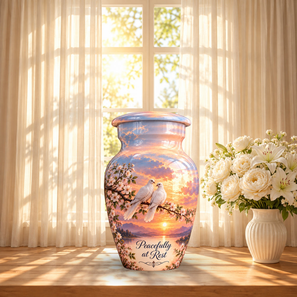 Two Doves on Blossom Branch Cremation Urn for Human Ashes – Personalized Handmade Aluminum Urn