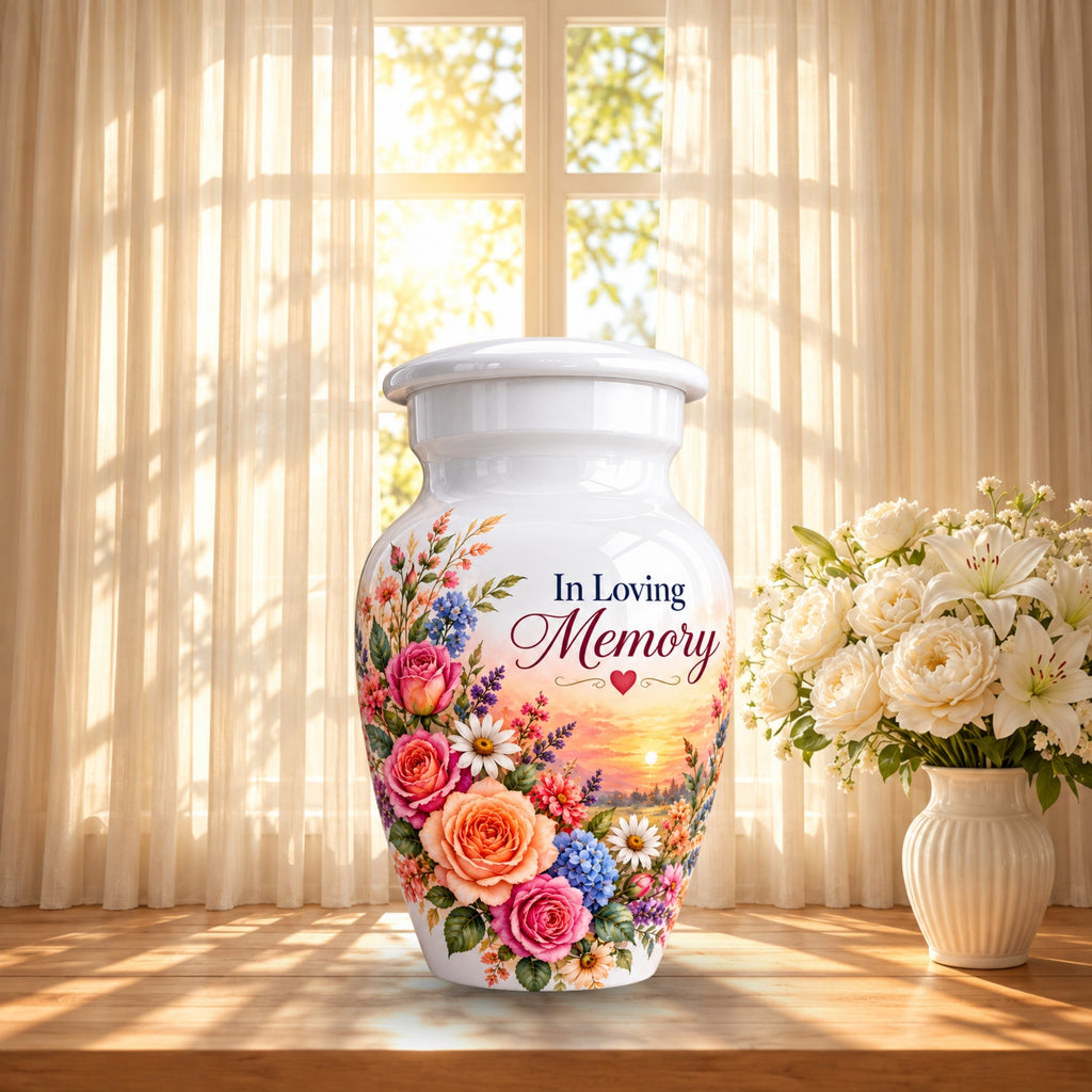 Rose and Wildflower Memorial Cremation Urn for Human Ashes – Personalized Handmade Aluminum Urn