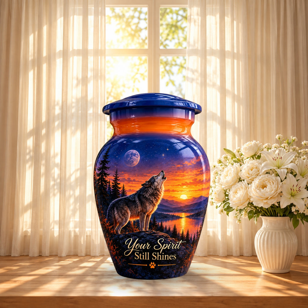 Howling Wolf Moon and Sunset Cremation Urn for Human Ashes – Personalized Handmade Aluminum Urn