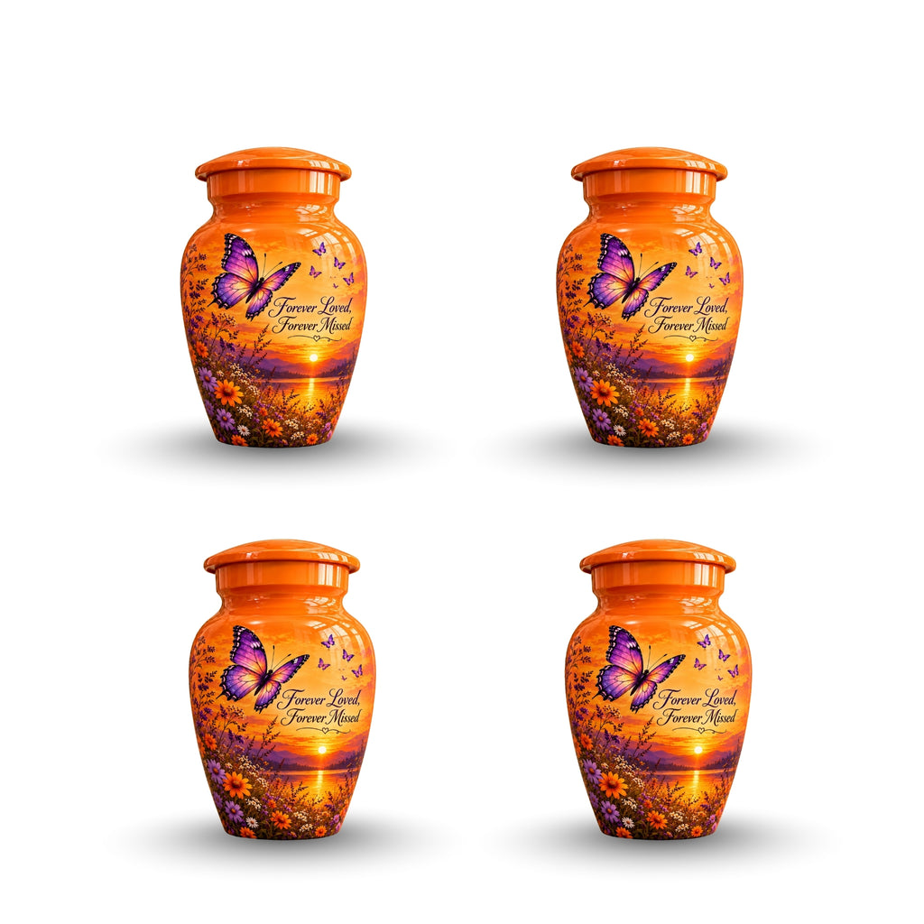 Orange Sunset Purple Butterfly Cremation Urn for Human Ashes – Personalized Handmade Aluminum Urn