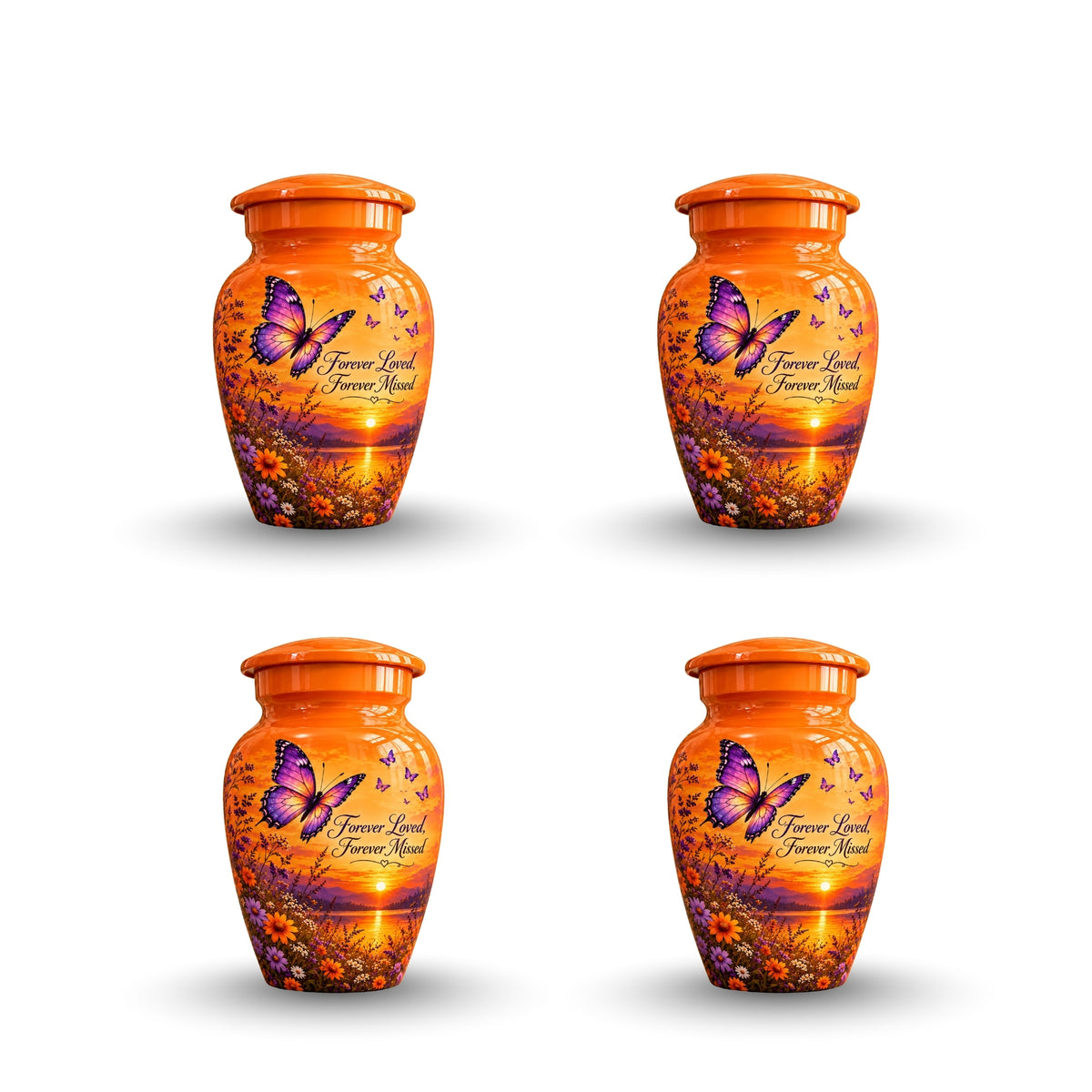 Orange Sunset Purple Butterfly Cremation Urn for Human Ashes – Personalized Handmade Aluminum Urn