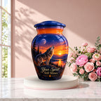 Howling Wolf Moon and Sunset Cremation Urn for Human Ashes – Personalized Handmade Aluminum Urn