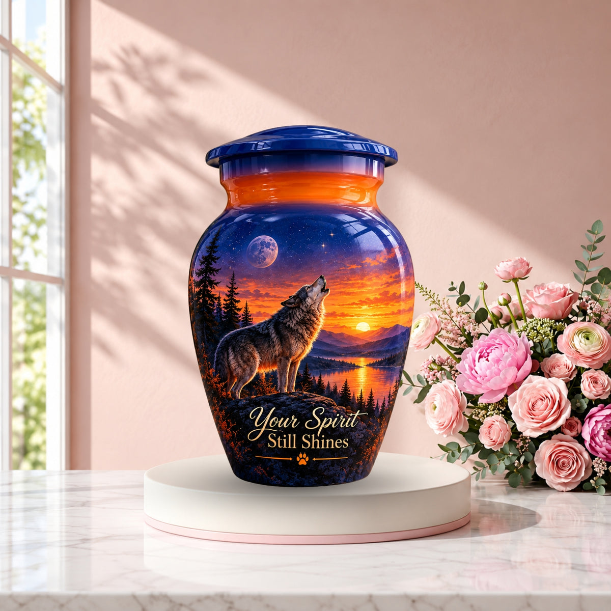 Howling Wolf Moon and Sunset Cremation Urn for Human Ashes – Personalized Handmade Aluminum Urn