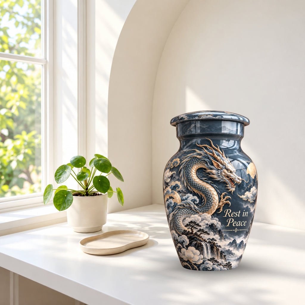 mythical dragon cremation urn with keepsakes, handmade aluminum urn – photo 10