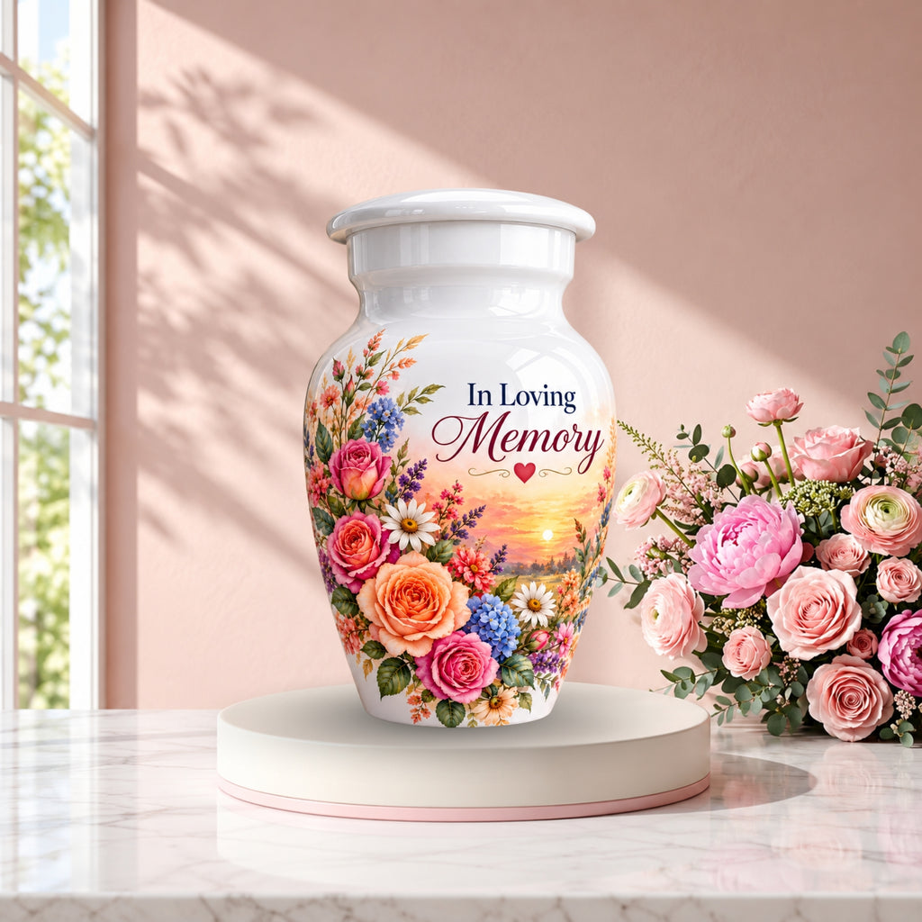Rose and Wildflower Memorial Cremation Urn for Human Ashes – Personalized Handmade Aluminum Urn