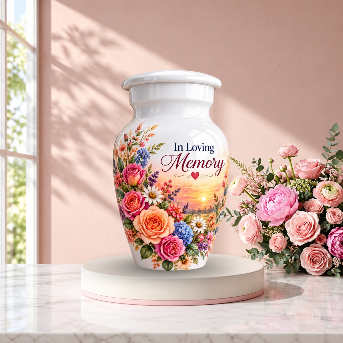 Rose and Wildflower Memorial Cremation Urn for Human Ashes – Personalized Handmade Aluminum Urn