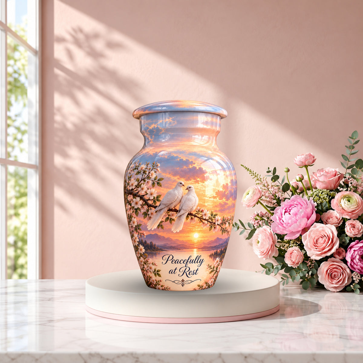 Two Doves on Blossom Branch Cremation Urn for Human Ashes – Personalized Handmade Aluminum Urn