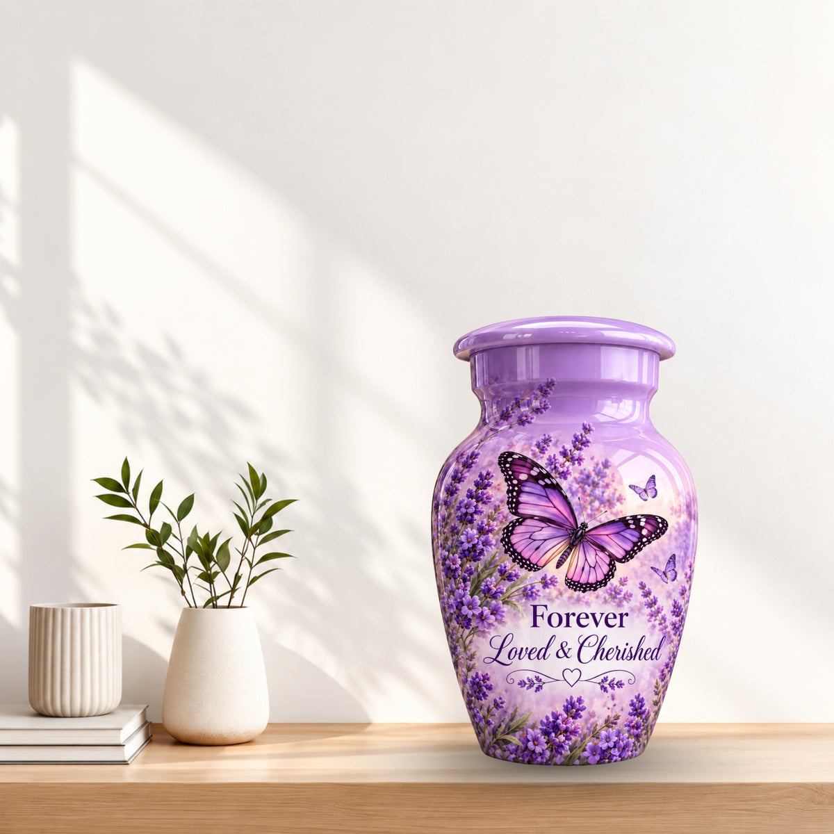 purple butterfly lavender garden cremation urn for human ashes, handmade aluminum – photo 10
