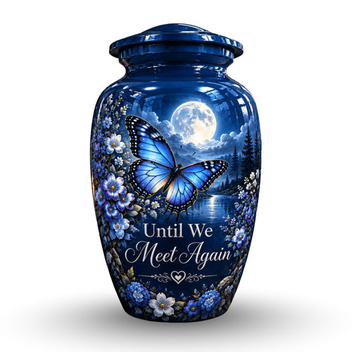 moonlit blue butterfly cremation urn for human ashes, handmade aluminum – photo 1