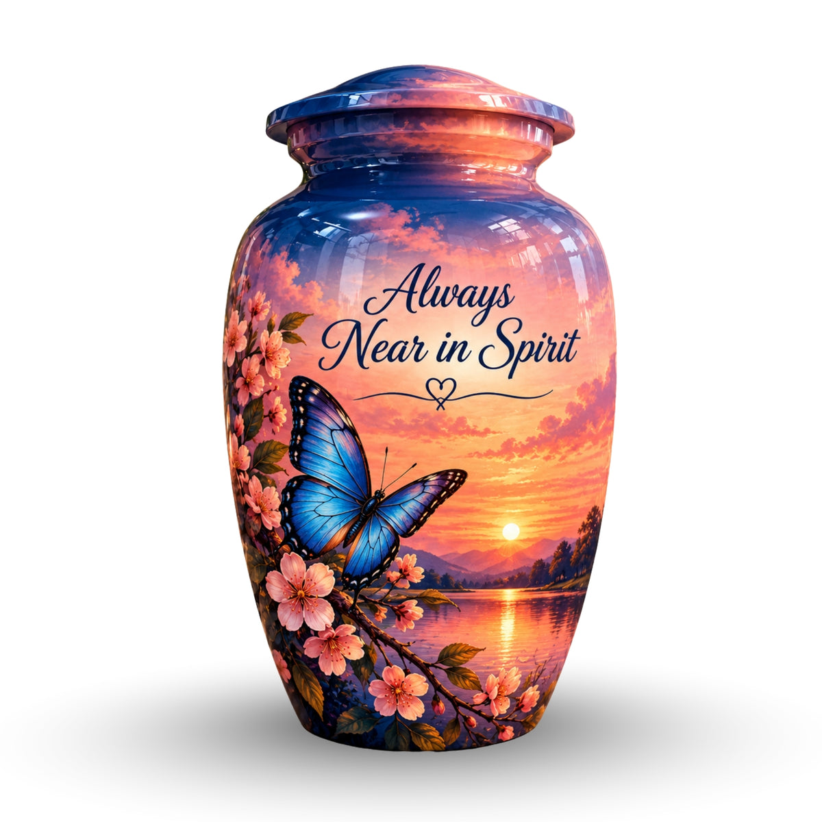 Blue Butterfly and Blossoms Cremation Urn for Human Ashes – Personalized Handmade Aluminum Urn