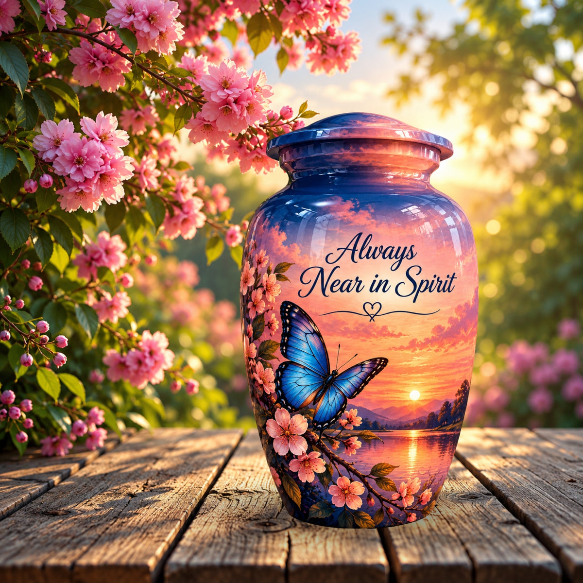 Blue Butterfly and Blossoms Cremation Urn for Human Ashes – Personalized Handmade Aluminum Urn