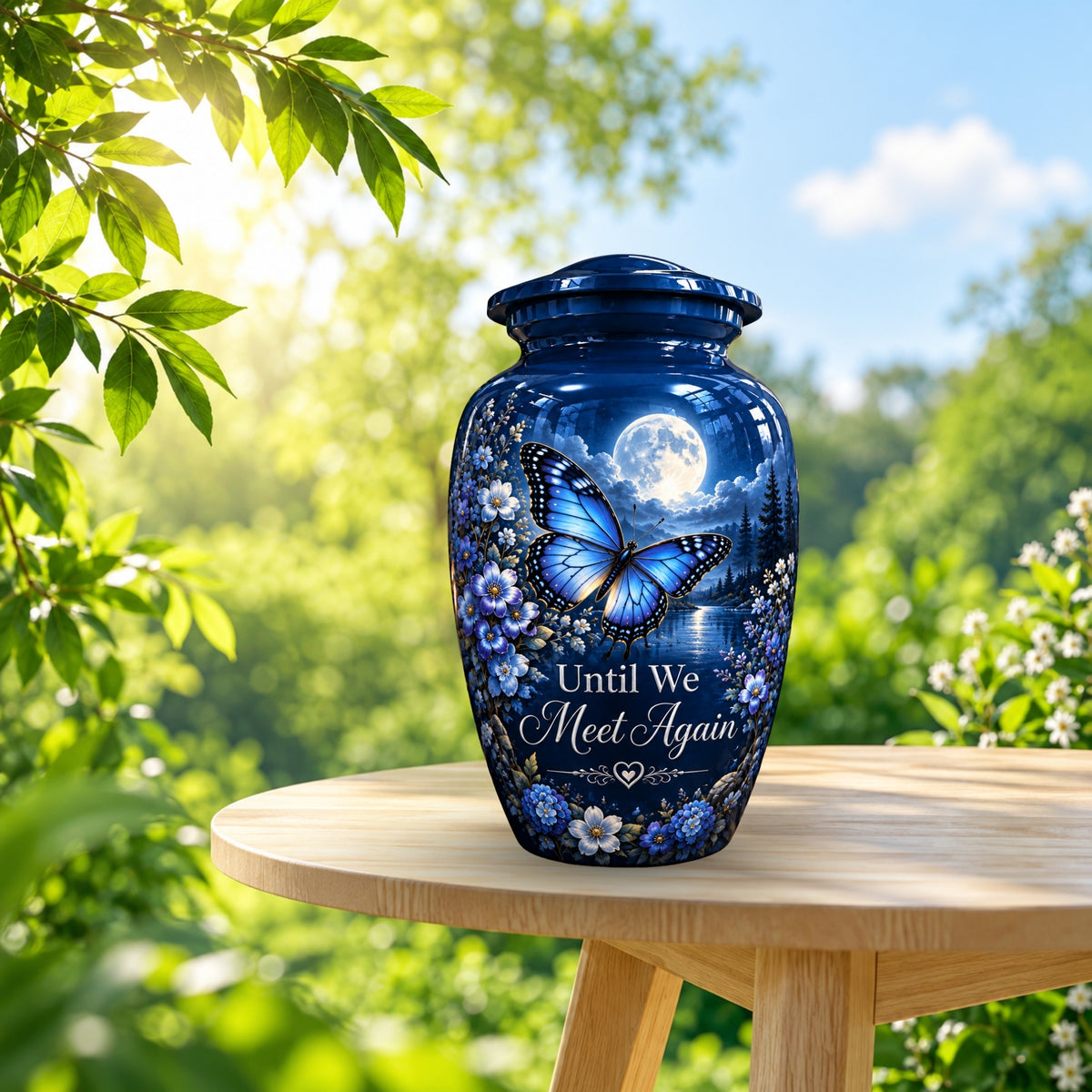 moonlit blue butterfly cremation urn for human ashes, handmade aluminum – photo 2