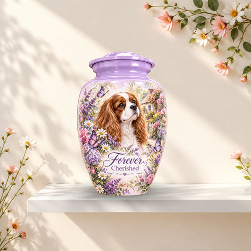 Cavalier King Charles Spaniel memorial urn for dog ashes with custom dog portrait