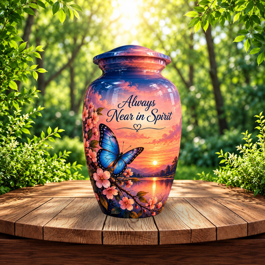 Blue Butterfly and Blossoms Cremation Urn for Human Ashes – Personalized Handmade Aluminum Urn