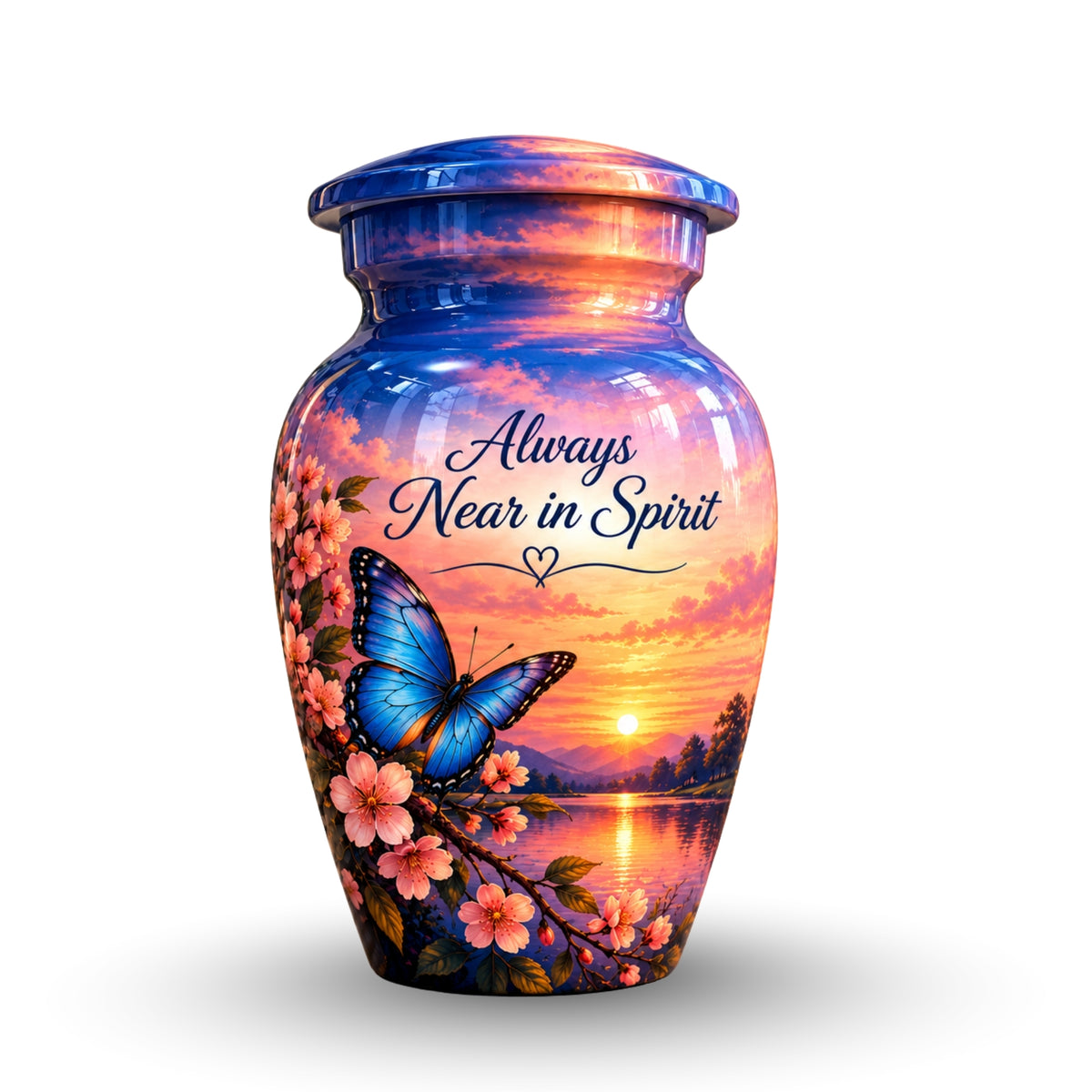 Blue Butterfly and Blossoms Cremation Urn for Human Ashes – Personalized Handmade Aluminum Urn