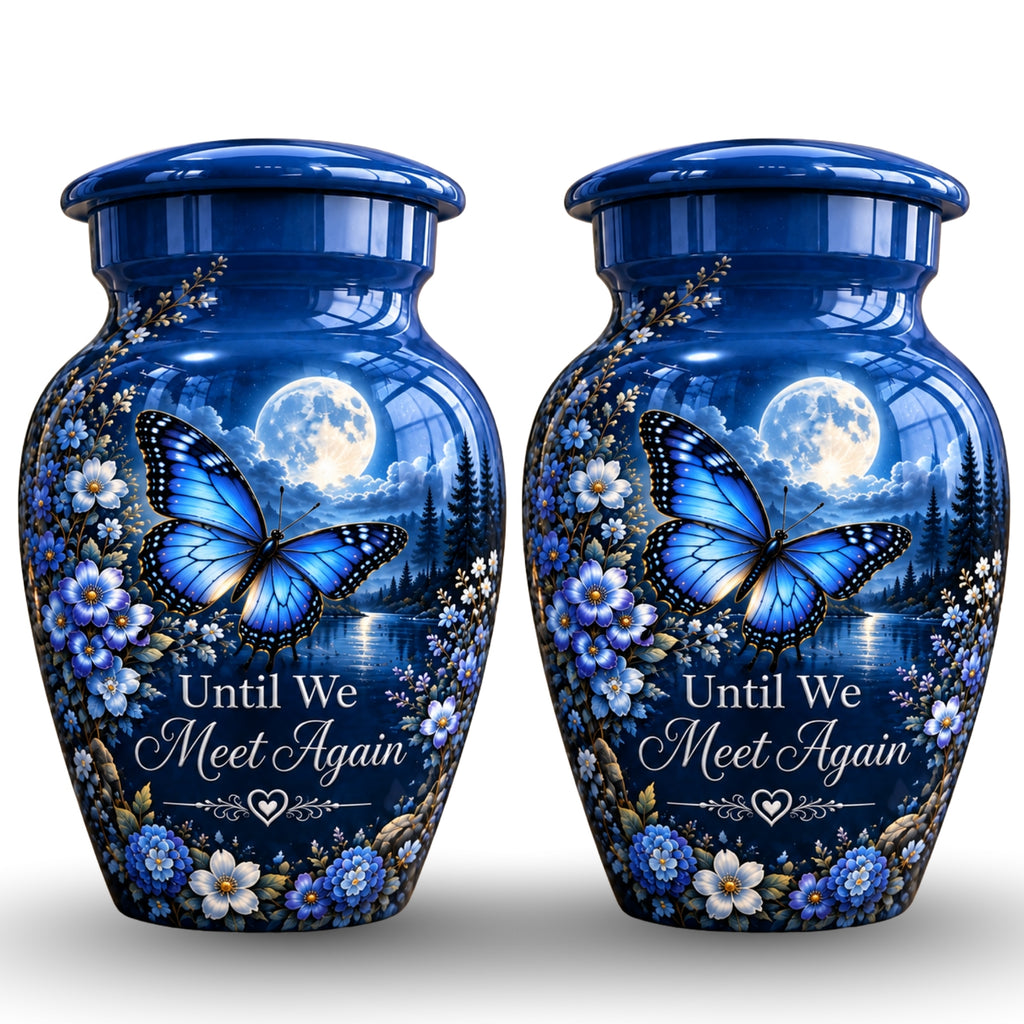 moonlit blue butterfly cremation urn for human ashes, handmade aluminum – photo 5