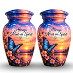 Blue Butterfly and Blossoms Cremation Urn for Human Ashes – Personalized Handmade Aluminum Urn