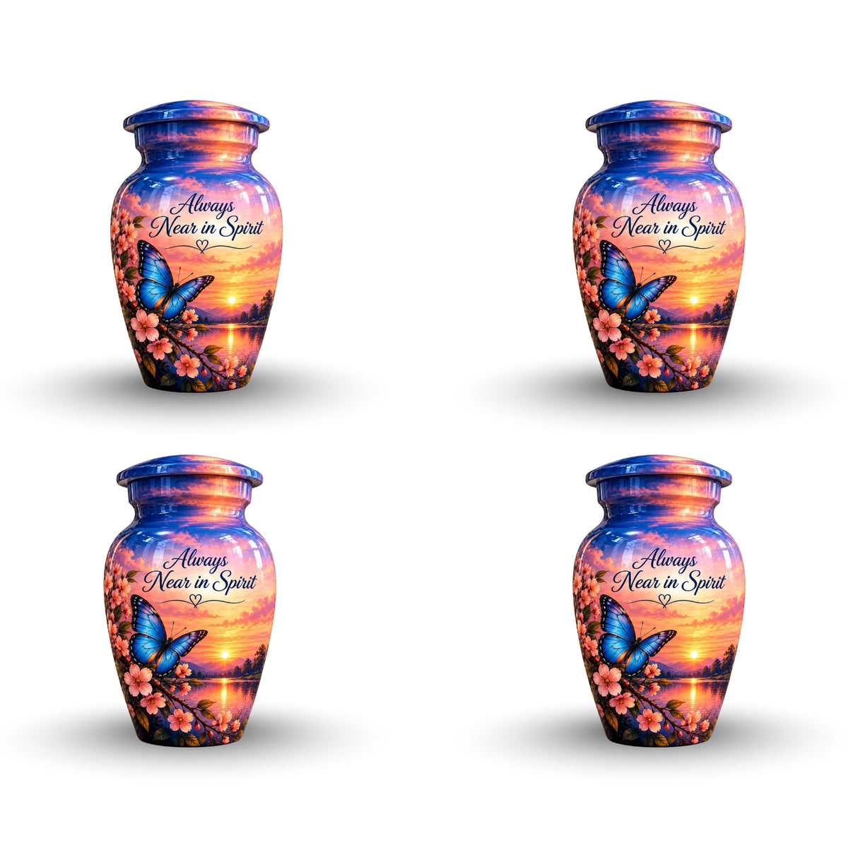 Blue Butterfly and Blossoms Cremation Urn for Human Ashes – Personalized Handmade Aluminum Urn