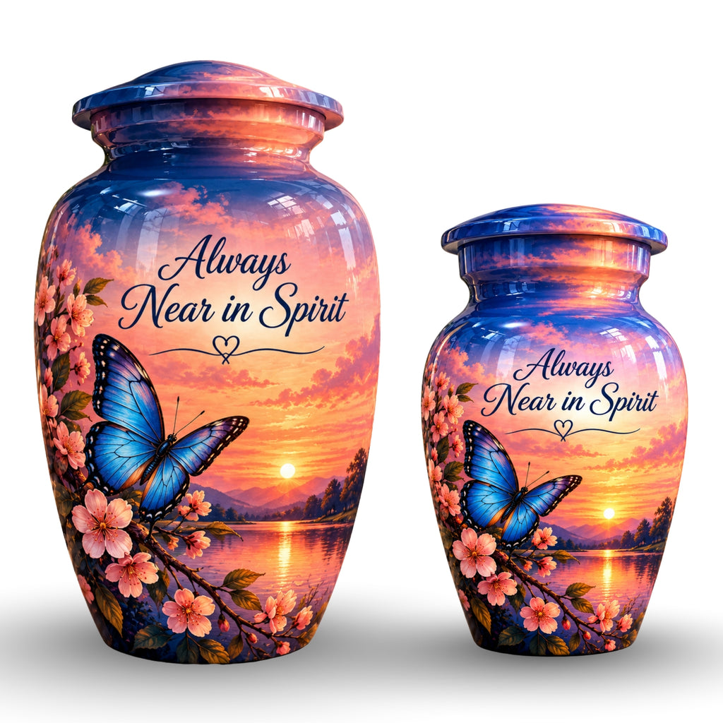 Blue Butterfly and Blossoms Cremation Urn for Human Ashes – Personalized Handmade Aluminum Urn