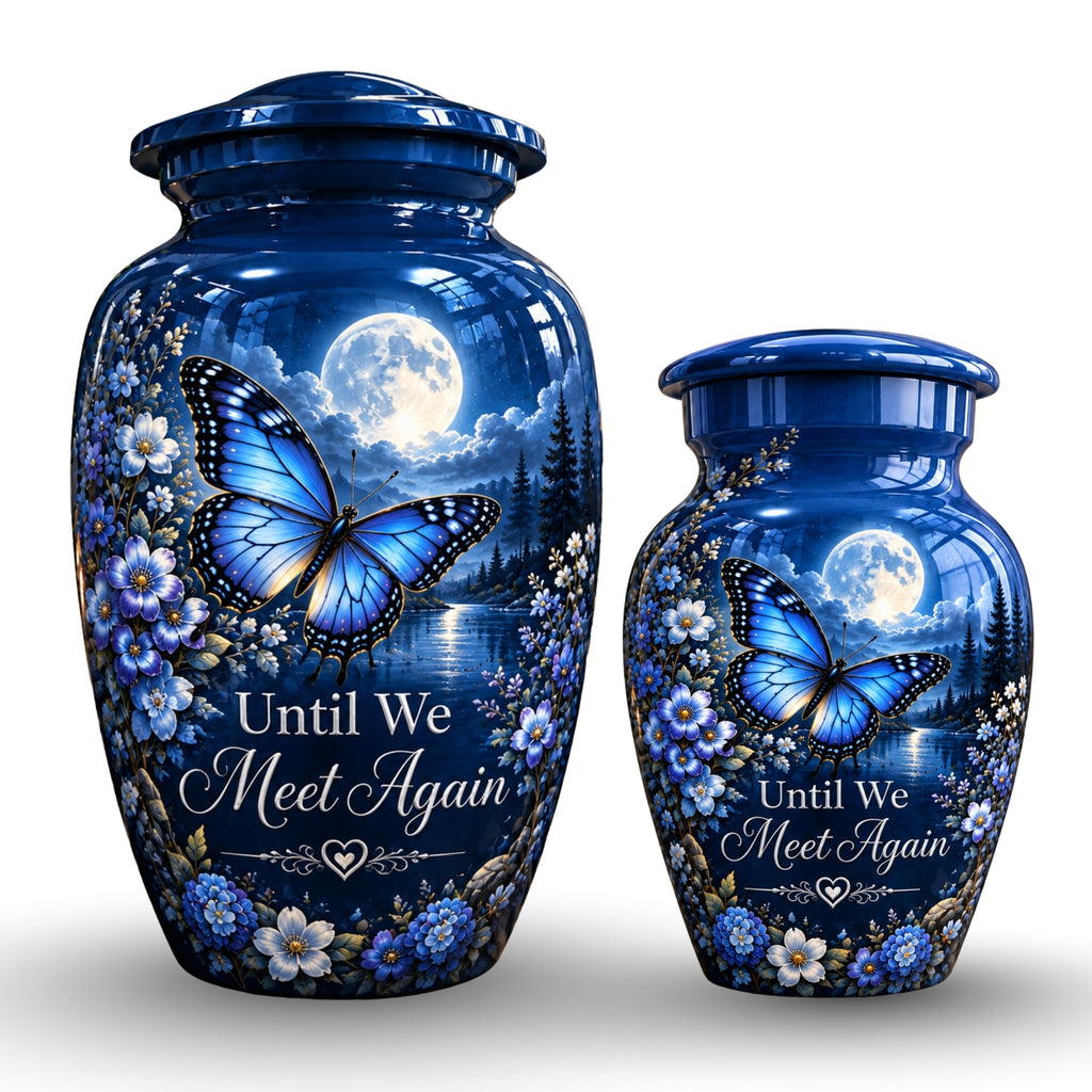 moonlit blue butterfly cremation urn for human ashes, handmade aluminum – photo 7