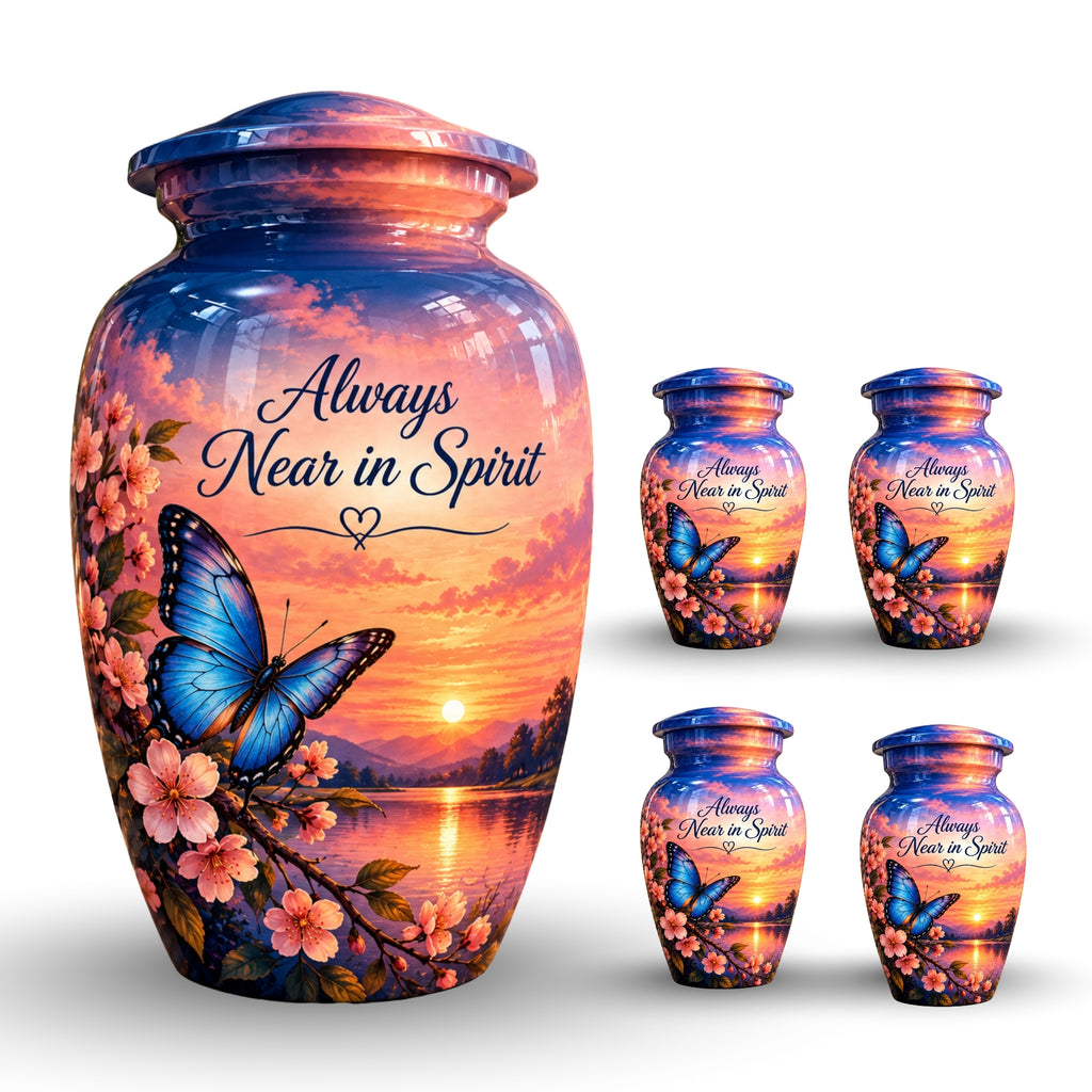 Blue Butterfly and Blossoms Cremation Urn for Human Ashes – Personalized Handmade Aluminum Urn