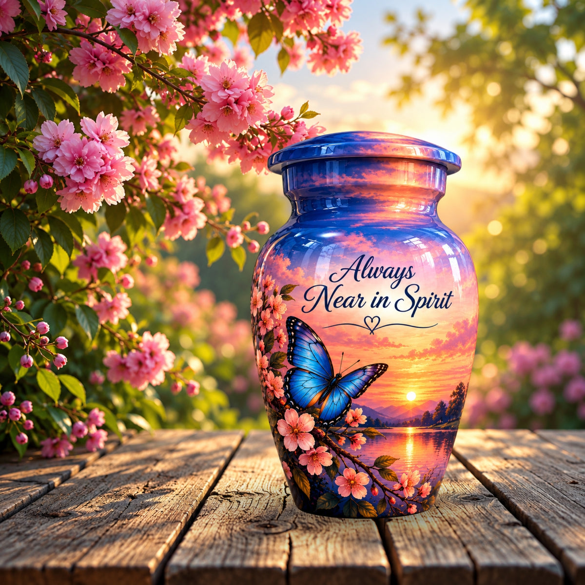 Blue Butterfly and Blossoms Cremation Urn for Human Ashes – Personalized Handmade Aluminum Urn