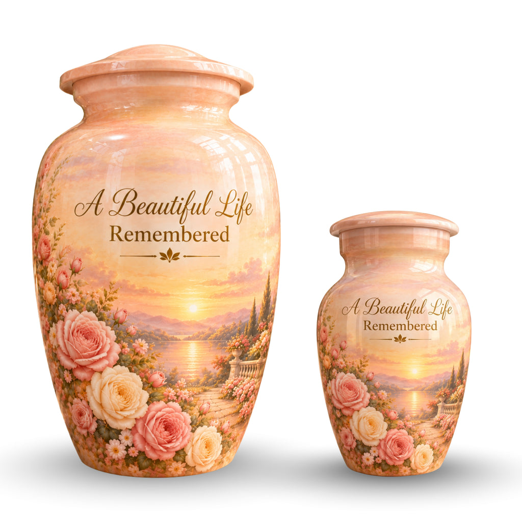 Rose Garden Sunset Cremation Urn for Human Ashes – Personalized Handmade Aluminum Urn