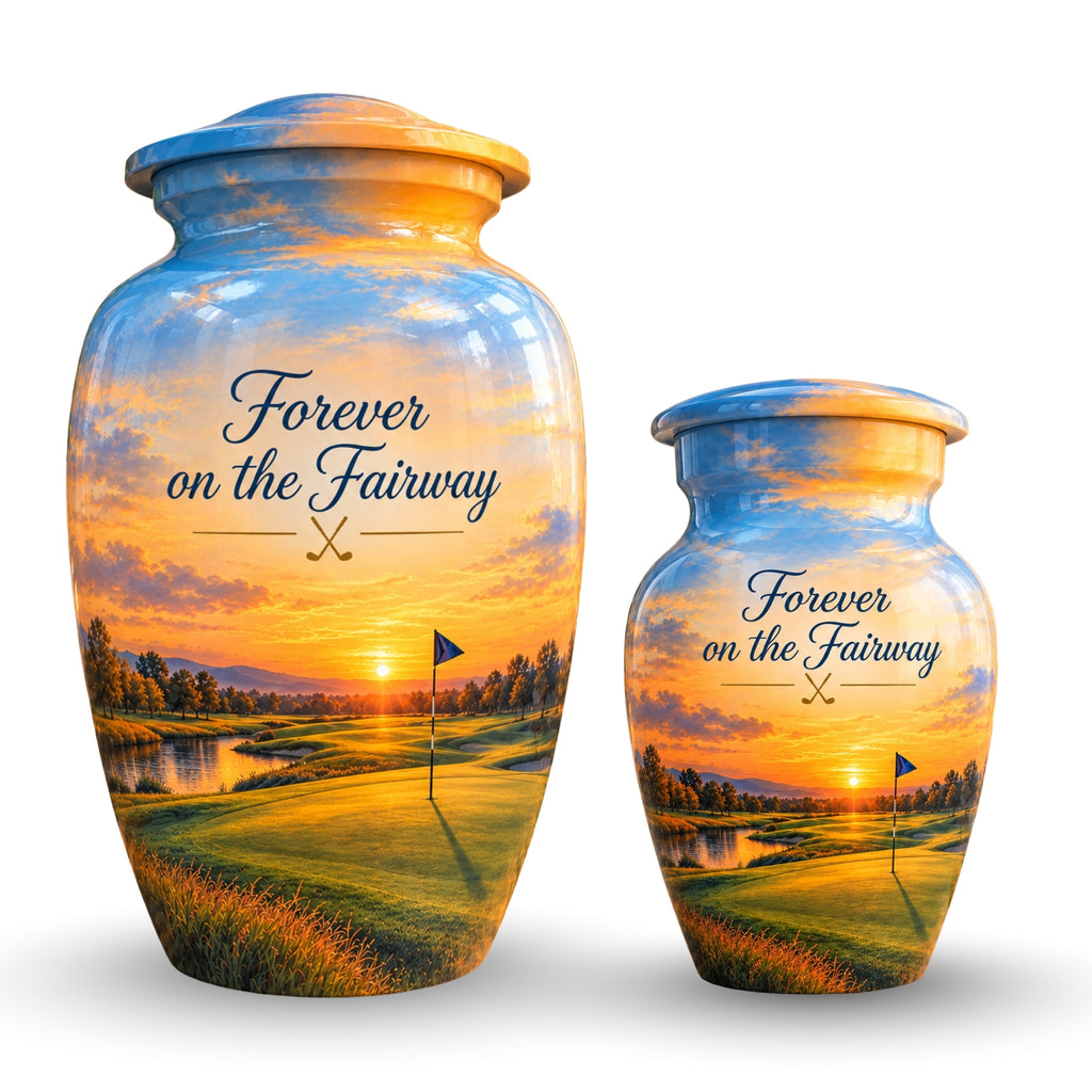 Golf Course Sunset Cremation Urn for Human Ashes – Personalized Handmade Aluminum Urn