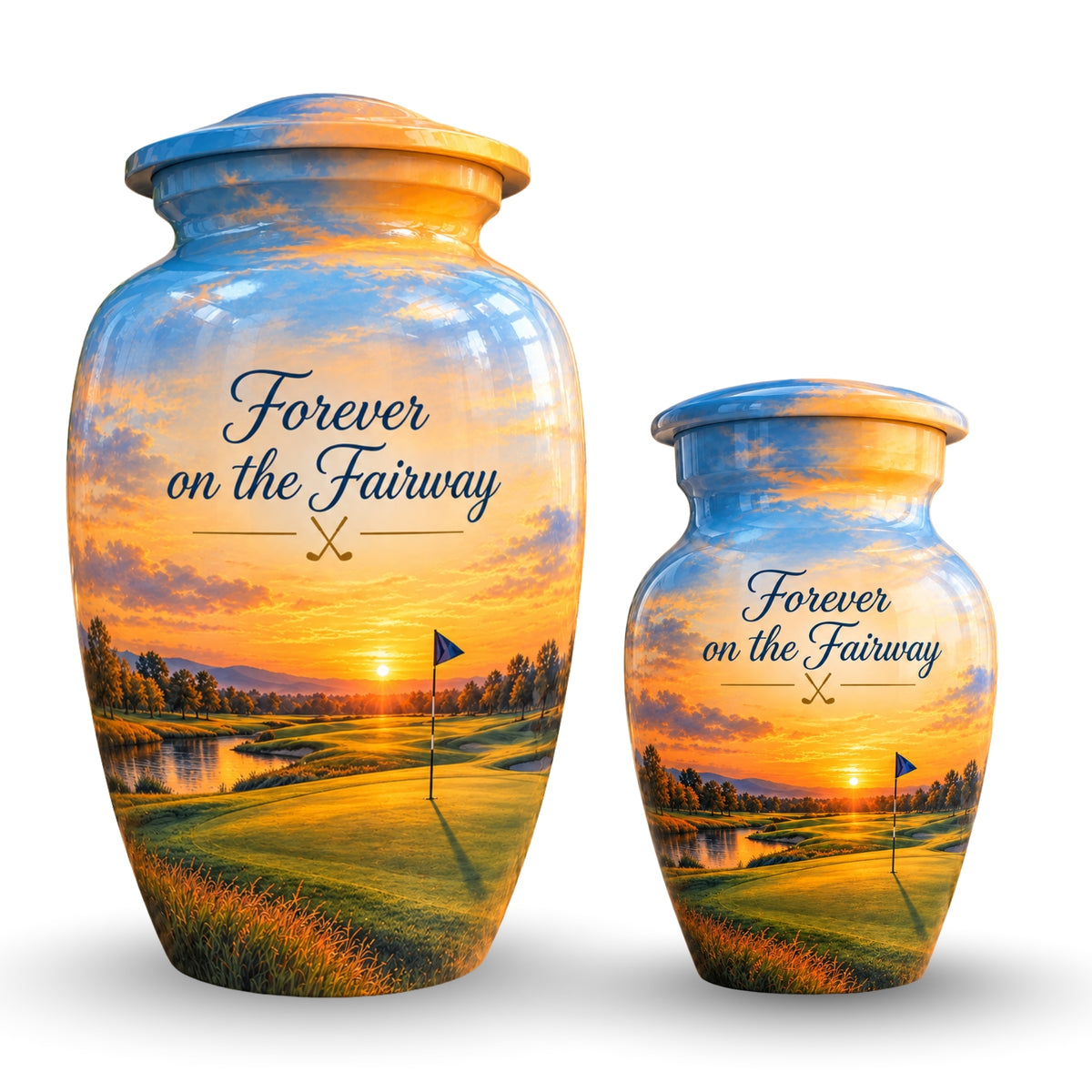Golf Course Sunset Cremation Urn for Human Ashes – Personalized Handmade Aluminum Urn