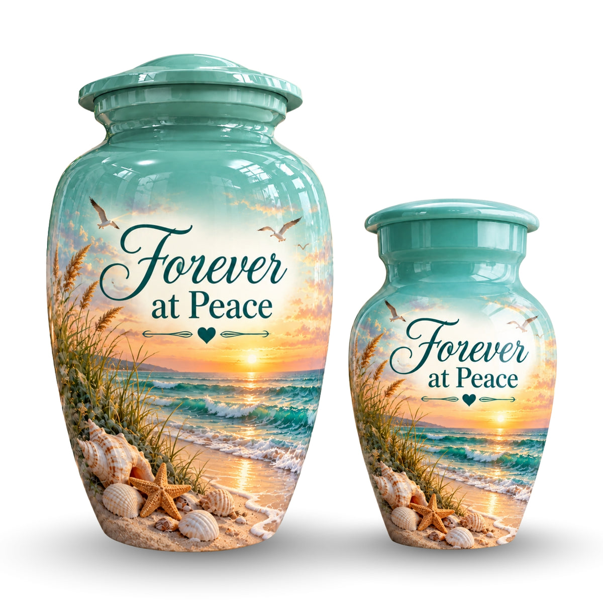 seashell beach sunset cremation urn for human ashes, handmade aluminum – photo 7